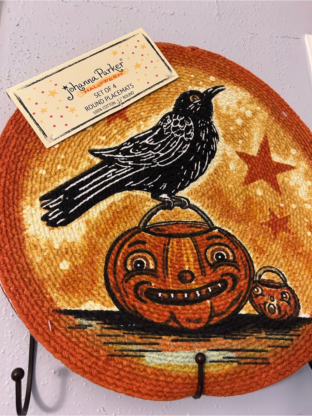 Joanna Parker Orange Halloween Pumpkin & Crow Round Placemat